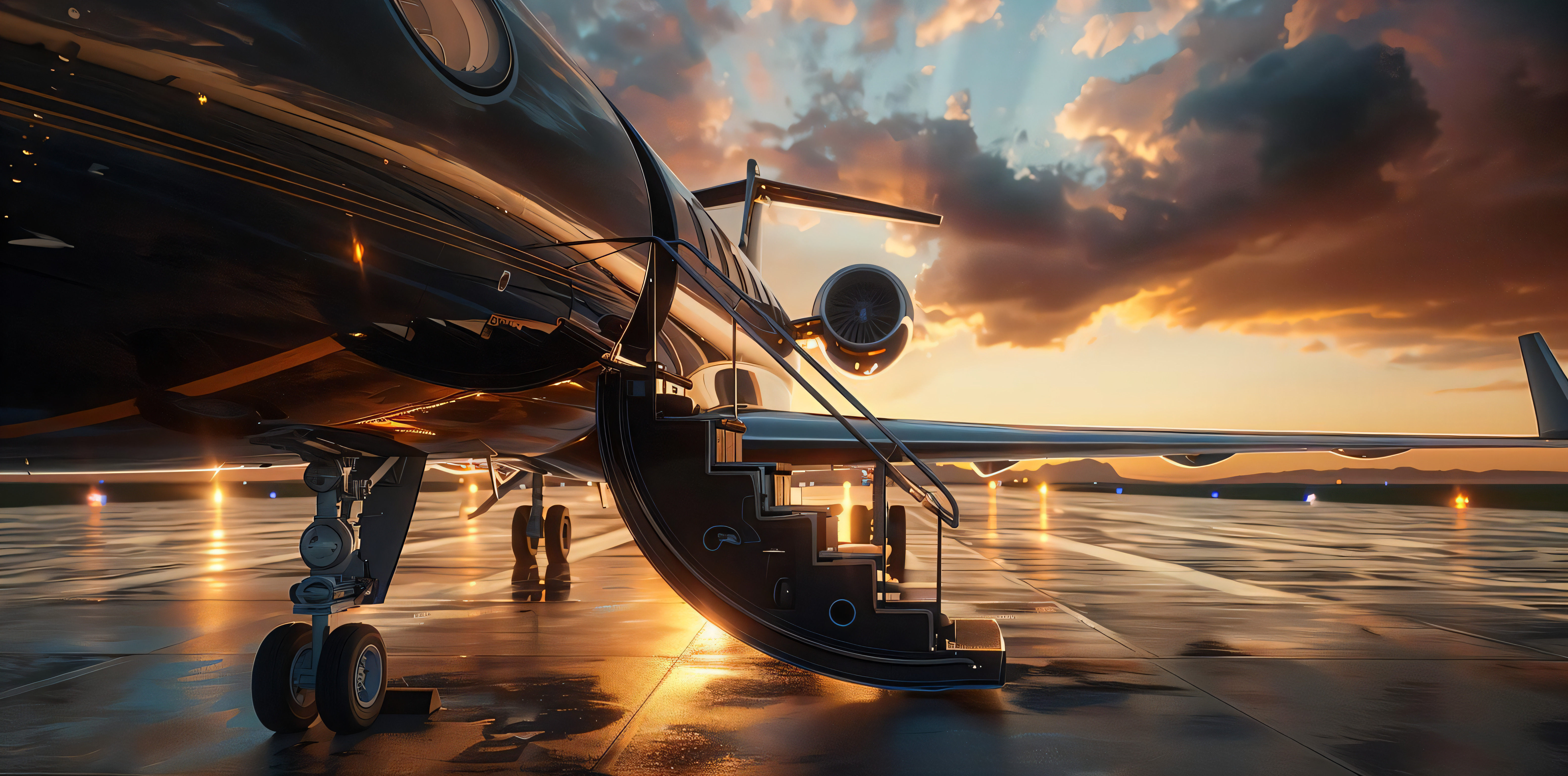 VZ Vector executive jet on the ramp at dusk