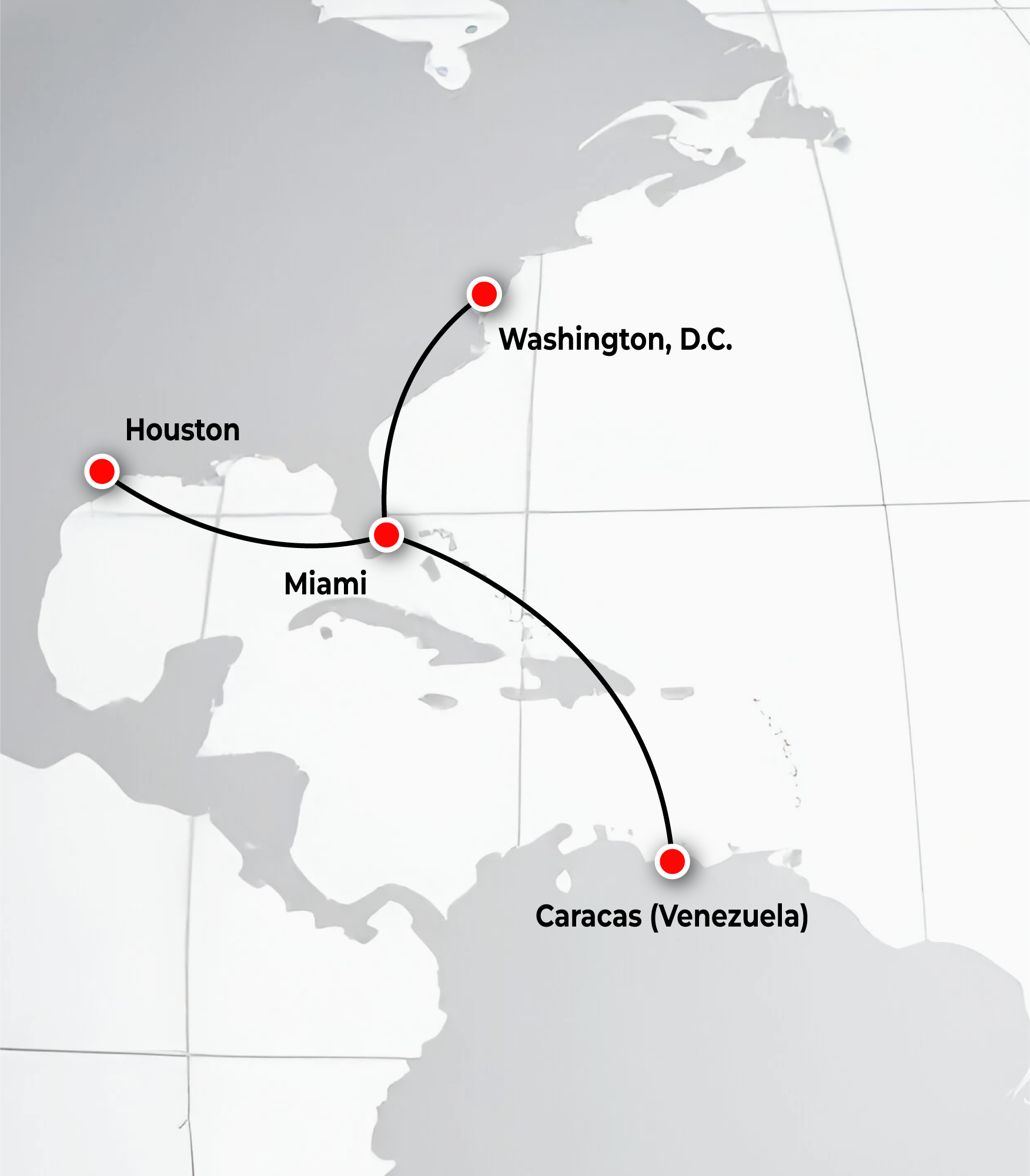 Route map: Houston, Washington, D.C., and Miami to Caracas, Venezuela